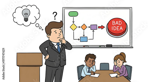 Businessman presents bad idea to colleagues at meeting