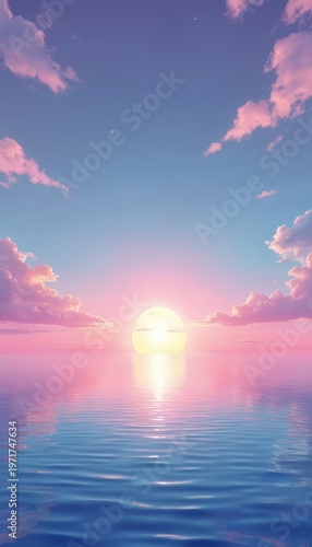Vibrant sunset over calm ocean. Pink purple blue sky with fluffy clouds reflects on gentle water ripples. Sun appears on horizon. Peaceful seascape.