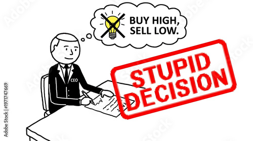 Businessman making stupid decision while sitting at office desk with paperwork