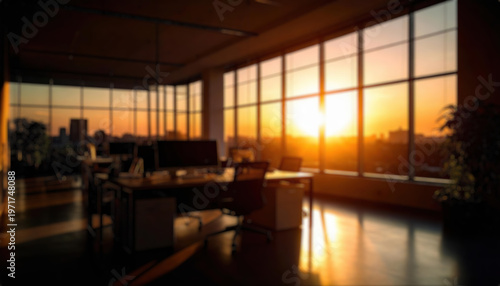 Beautiful blurred background of a light modern office interior with panoramic windows and beautiful lighting