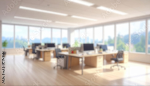 Beautiful blurred background of a light modern office interior with panoramic windows and beautiful lighting