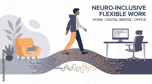 Visualizing neuro-inclusive flexible work A person bridges home and office environments via a digital pathway, symbolizing adaptable modern employment and well-being
