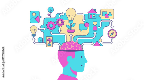 Conceptual illustration of a human brain actively generating and connecting diverse ideas, representing creative thinking, knowledge processing, and strategic innovation