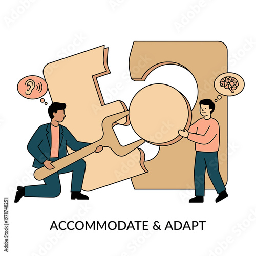 Illustrative scene of two people collaboratively fitting a large puzzle piece, symbolizing teamwork, communication, and innovative problem-solving for successful adaptation