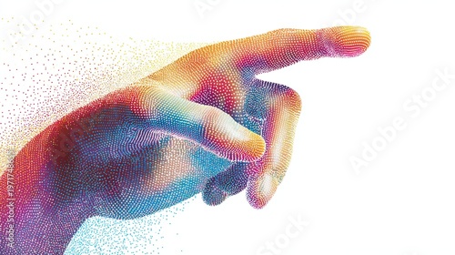 Colorful digital point: a vibrant, pixelated hand gesture symbolizing data, technology, and ai exploration.