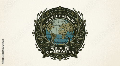 Illustrated emblem featuring a globe and wildlife elements symbolizing global harmony and conservation efforts for wildlife preservation