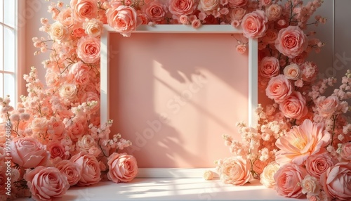 Soft pink roses and delicate blossoms frame a blank space. This romantic floral arrangement is perfect for celebrations. Light window shadows add gentle mood. Use for invitations or decor.