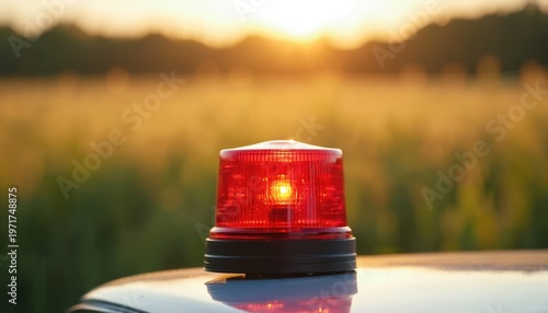Red emergency beacon light flashes atop vehicle at sunset. Rural field provides blurred golden backdrop. Light signals urgent attention or safety alert. Transportation equipment used outdoors.