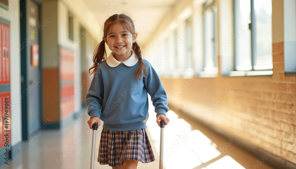 Obraz premium Young girl in uniform walks down school hallway with white cane. She smiles confidently, ready for lessons. Her journey symbolizes independence and inclusion.