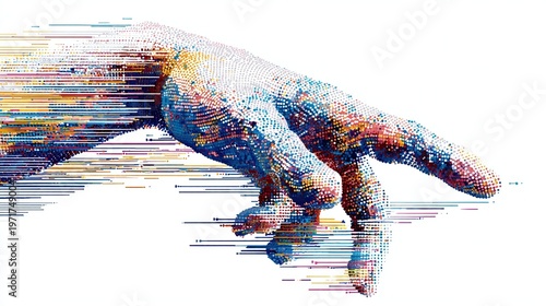 Digital hand exploding into colorful data streams, representing ai and technology