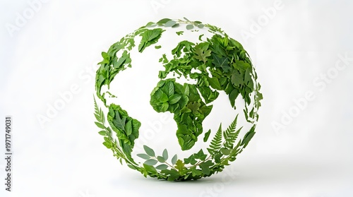 A globe covered with green leaves on a white background