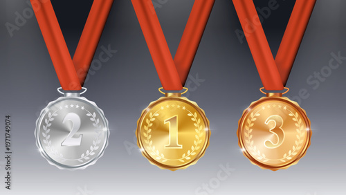 Gold Silver Bronze Award Medals Number 1 2 3 on Red Ribbon – Victory Champion Success Symbol Winner Trophy 3D Realistic Vector Illustration