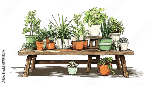 Modern Urban Wooden Table Decorated with Lush Houseplants in Stylish Flowerpots