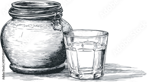 Wide Angle Centered View of a Jar, Canteen, Pot, and Water Glass