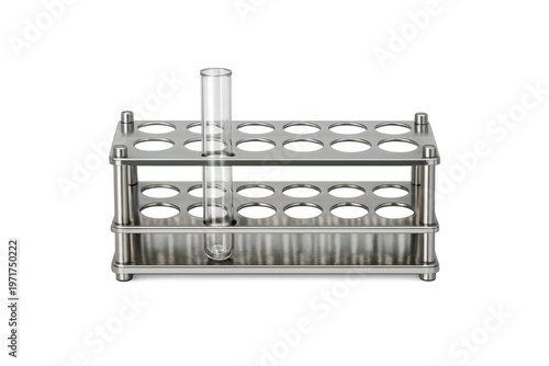 Lab test tube in metal rack on transparent background