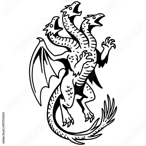 Foto Three-headed dragon hydra mascot in bold  line art