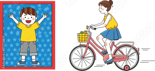 Happy boy celebrating with raised arms and girl riding bicycle with basket cartoon vector illustration set