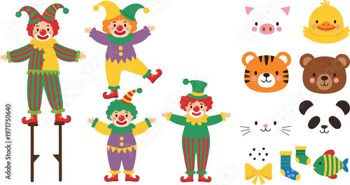 Circus clown characters collection with animal faces socks candy and fish cute cartoon vector illustration set