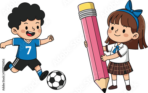 Happy boy playing soccer and schoolgirl holding giant pencil cartoon kids education vector illustration set