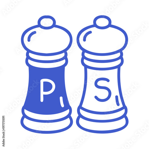 Salt and pepper shakers in outline icon style. Hand drawn icon. Outline vector isolated illustration. 