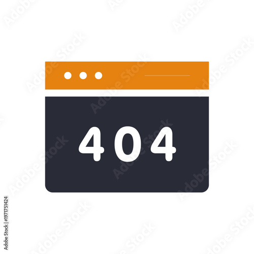 Not found browser error icon, minimal flat layout with orange header and dark panel, crisp numerals centered, isolated on white background, visual metaphor for missing page and broken link, modern UI