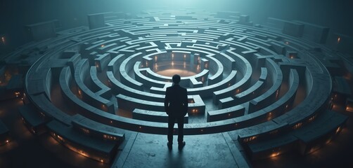 Man in suit stands before complex circular maze. He contemplates difficult path forward. Futuristic architecture suggests corporate strategy and decision making challenges.