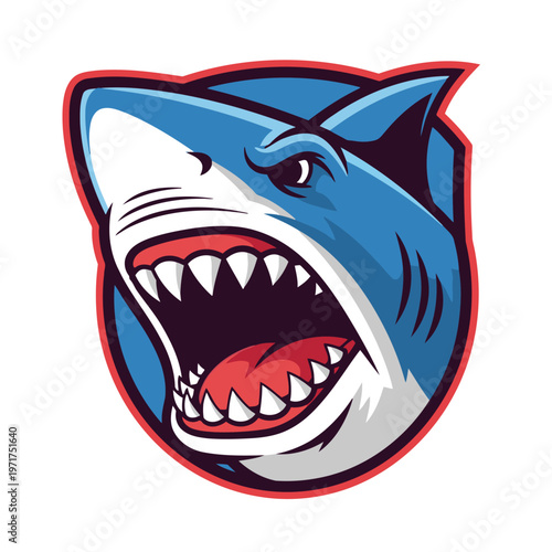 Fierce Blue Shark Head with Sharp Teeth Inside Red-Outlined Shield Illustration