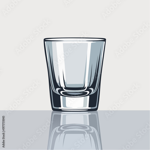 Clear glass tumbler on reflective surface illustration