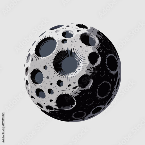 Illustration of a moon with craters in black and white