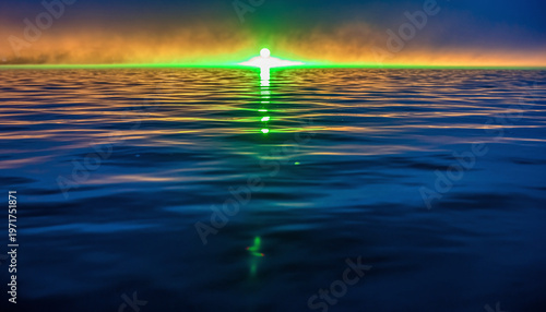 Serene Ocean Sunset with Green Horizon Glow.