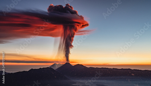 Explosive volcano eruption at dusk with towering ash plume.