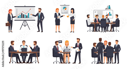 Business meeting and presentation scenes, teamwork, strategy, and collaboration