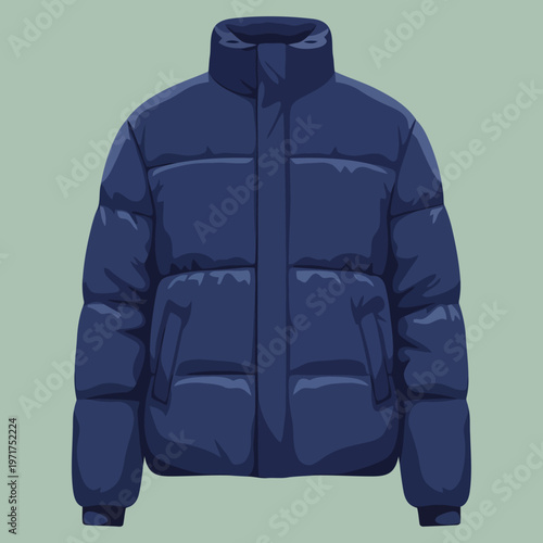 Front view illustration of dark blue puffer jacket with high collar on light green backdrop