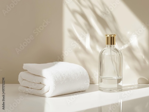 Folded white towel and elegant glass bottle with gold cap on beige surface with soft leaf shadows. Clean luxury spa and beauty product mockup with copy space. Summer 2026 wellness concept