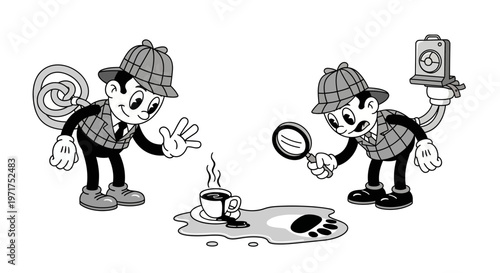 Cartoon detectives investigating coffee spill.