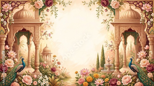 Royal Mughal Garden Wedding Invitation Background with Arches
