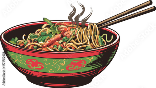 Colorful Cartoon Style Vector Wok Noodles Illustration for Culinary Designs