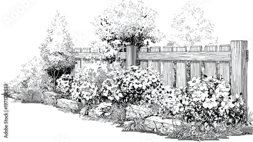 Sunlit Garden Landscape with Bushes, Fence, and Flowers in Wide Angle View