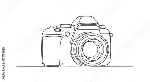 Minimalist Single Line Drawing of a Professional DSLR Camera on White Background