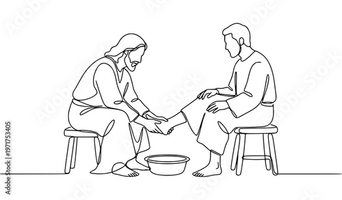 Continuous line Jesus washing feet vector illustration minimalist Christian religious outline art