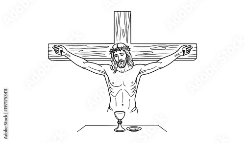 Jesus on the cross hand drawn line art vector illustration for Christian religious and devotional design