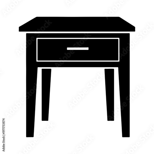 Simple black desk icon, office furniture symbol, minimal table illustration, drawer workspace element