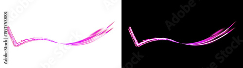 Abstract pink light trail with glowing particles on transparent and black backgrounds