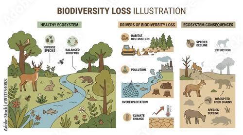 Biodiversity Loss Illustration Showing Ecosystem Decline and Species Extinction