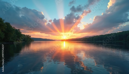 Sunset sun rays over calm lake water with forest hill silhouette. Orange sky and clouds reflect on surface. Peaceful nature scenery at evening twilight hour.