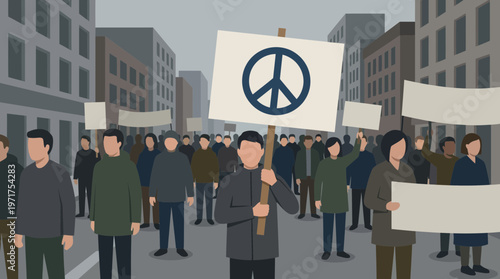 Peaceful Protest with Peace Sign Banner in Urban Setting