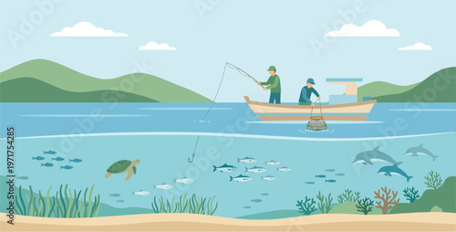 Peaceful Fishing Scene with Two People on a Boat in a Calm Lake