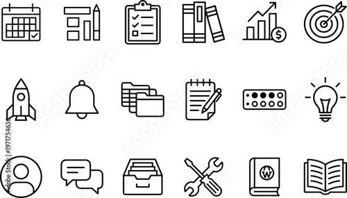 A collection of black and white line icons representing business and productivity concepts