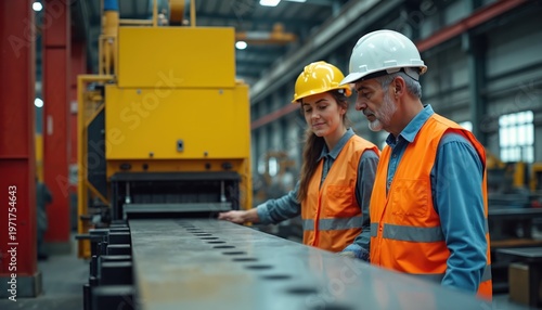 Man and woman factory workers inspect metal materials on machinery. Skilled team works together in industrial plant production line. They wear safety helmets and vests.