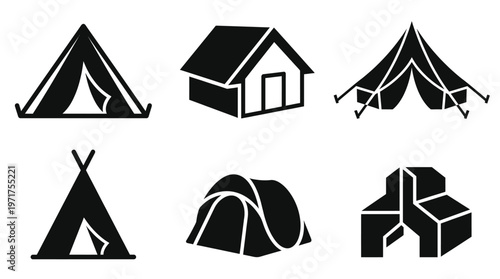 Outdoor Camping and Shelter Icon Set featuring Tent, Cabin, Teepee, and Wilderness Accommodation Symbols